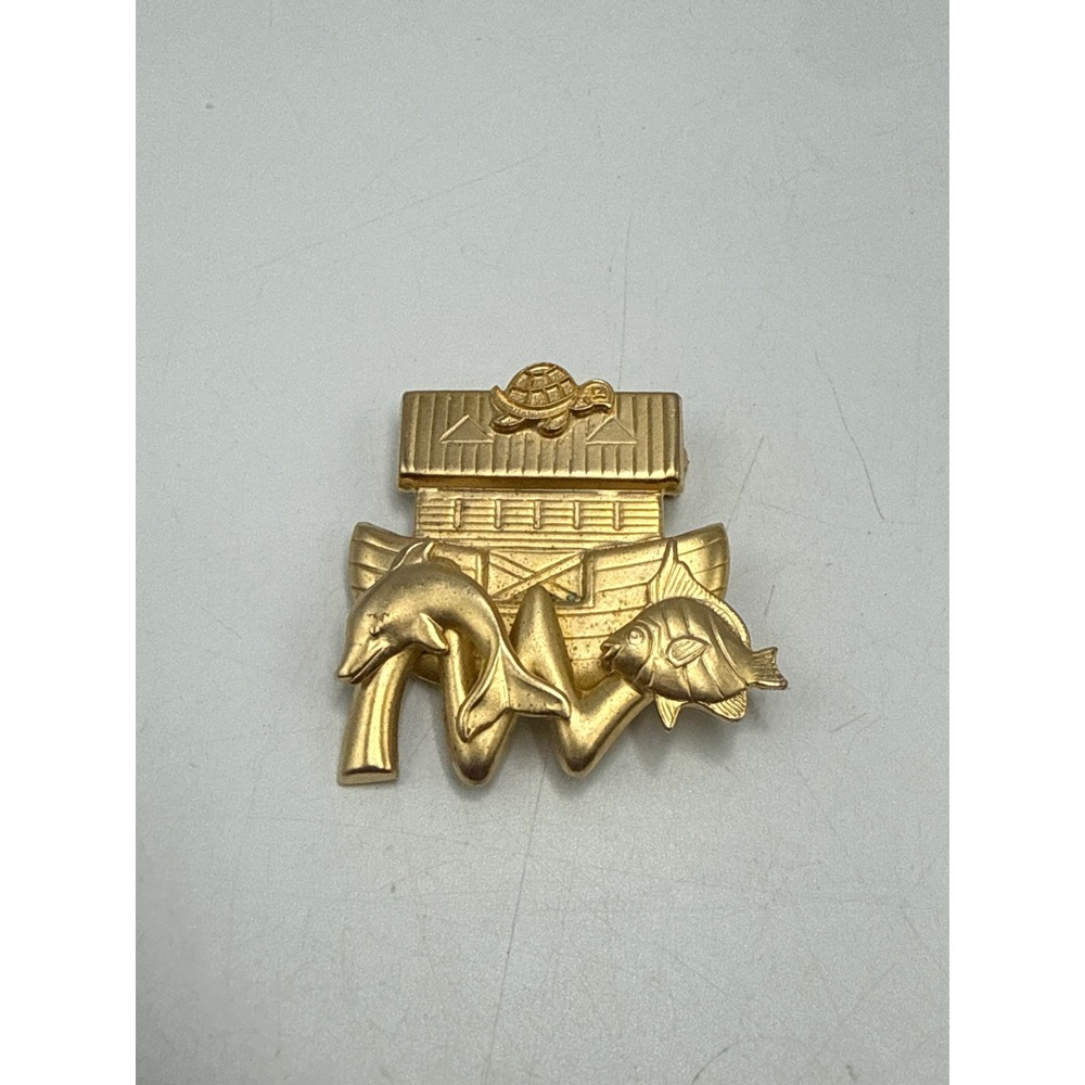 Vtg Noahs Ark Brooch Gold Tone Religious Animal‎ Pin Turtle Dolphin Fish 1.5in